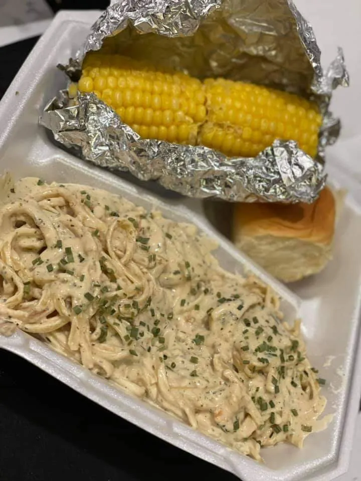 Fettuccine Alfredo with Chicken and Corn on the Cob